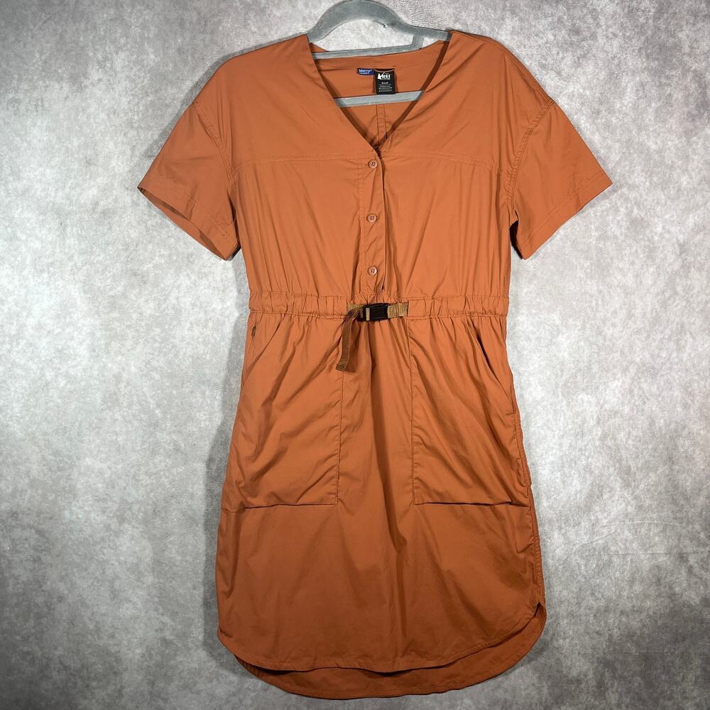 REI Co Op Sahara Dress Womens Small Orange Short Sleeve Adjustable Waist Outdoor